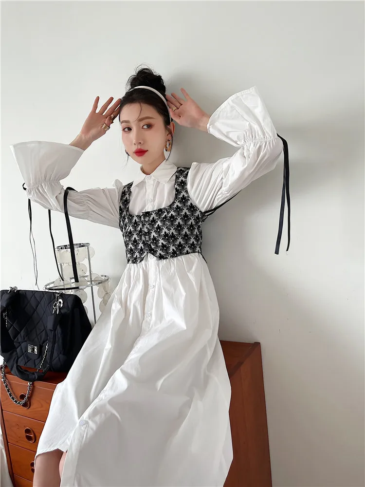 

Женское винтажное платье средней длины, длинное белое платье с пышными рукавами, приталенное платье во французском стиле для ранней осени и...