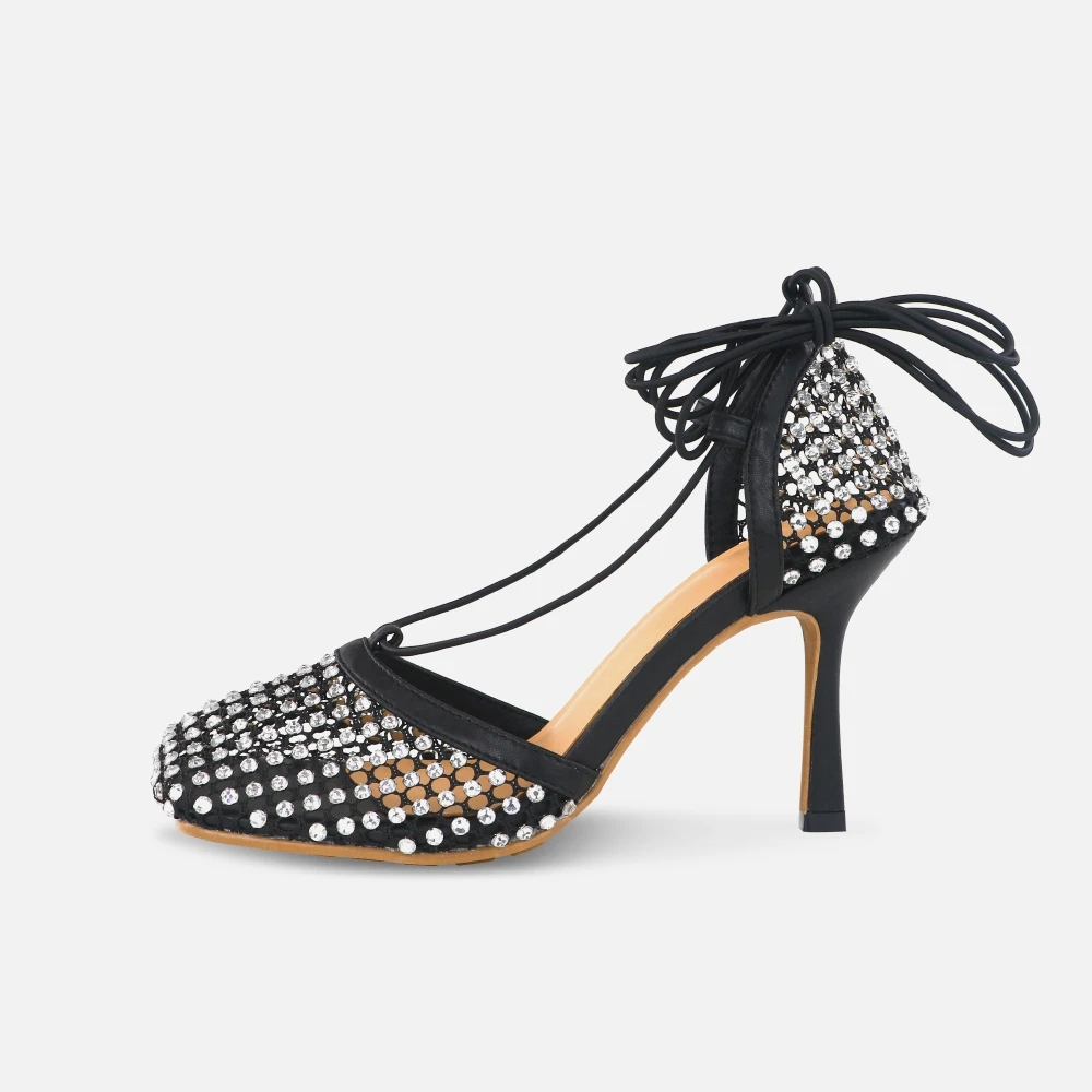 

Roni Bouker Summer Black Mesh Square Toe Sandals Women Diamond Lace Up High Heels Woman Fashion Luxury Heel Shoes Drop Ship