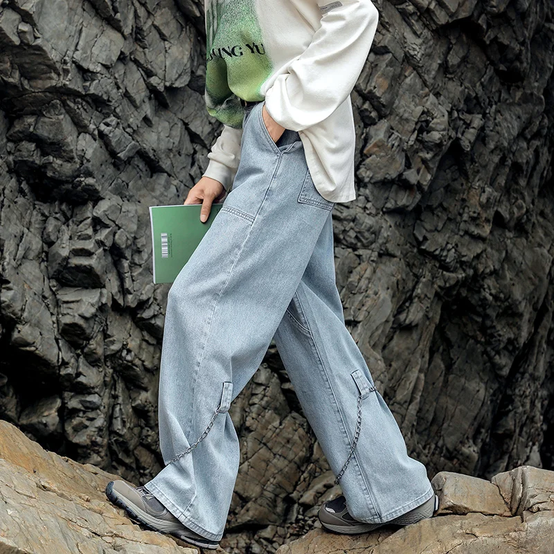 Chain Baggy Jeans Men Fashion Casual Oversized Wide Leg Jeans Men Streetwear Hip Hop Loose Straight Denim Pants Mens Trousers
