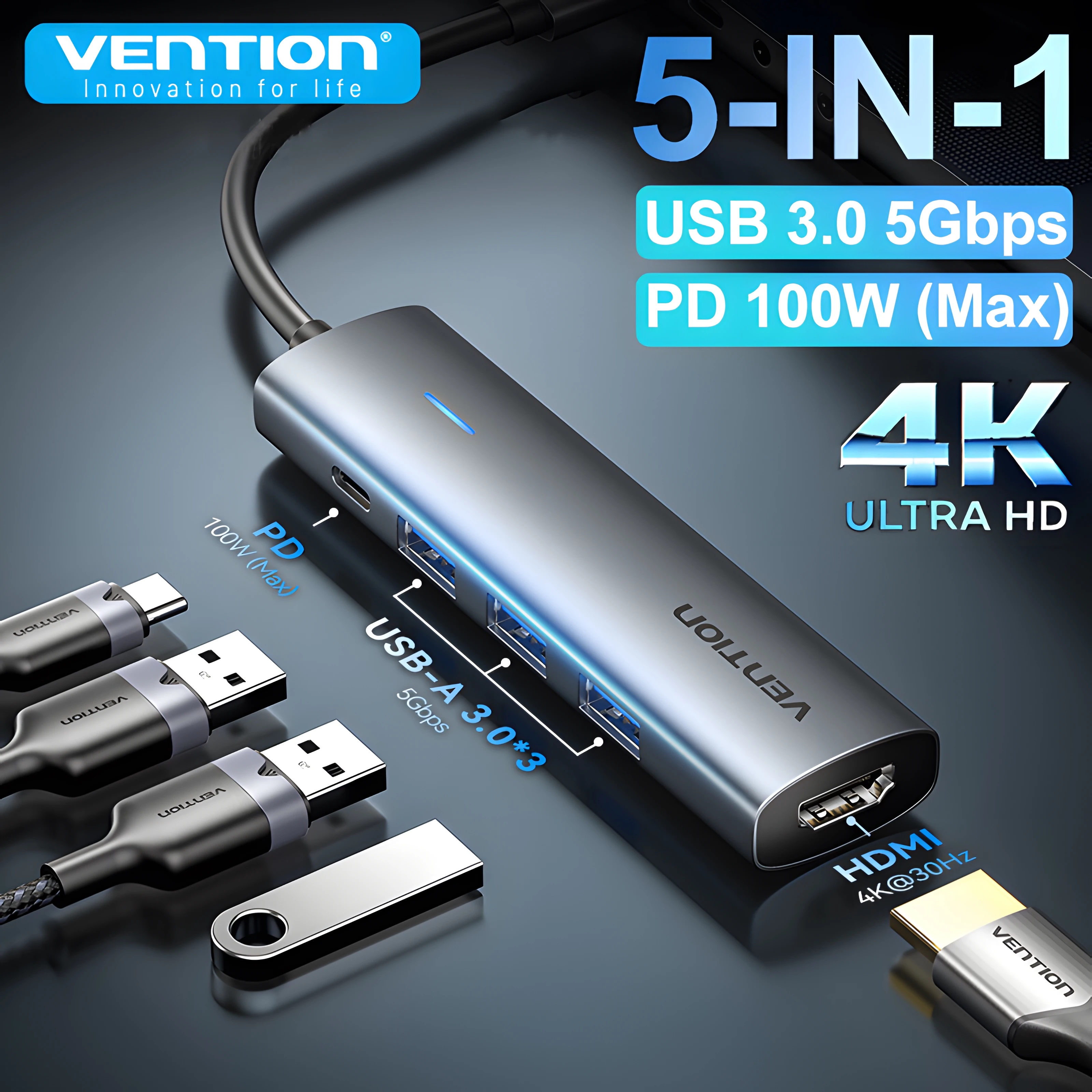 Фото Vention Новый 5-в-1 USB C 4K HDMI-концентратор USB 3.0 HUB PD 100 Вт Многопортовая док-станция Адаптер для MacBook Dell iPhone iPad Android №1