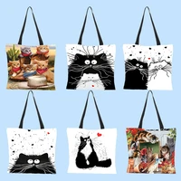 cat print women tote bags designer linen reusable shopping bag customize oil painting shoulder bags bolsos mujer drop shipping