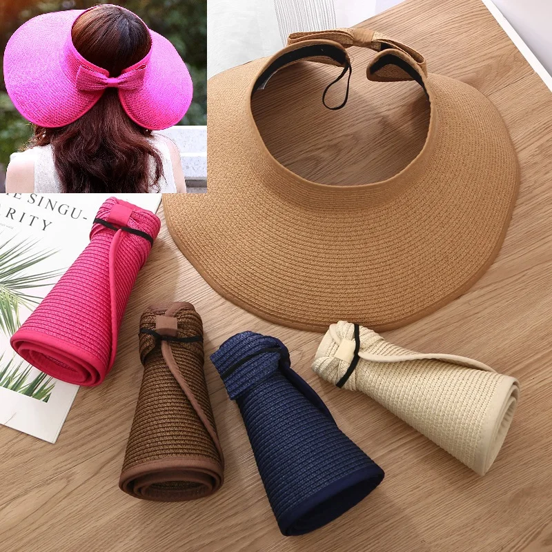 

2023 New Women Roll Up Sun Visor Wide Brim Straw Hat Summer Foldable Packable UV Protection Cap for Beach Travel Bonnet