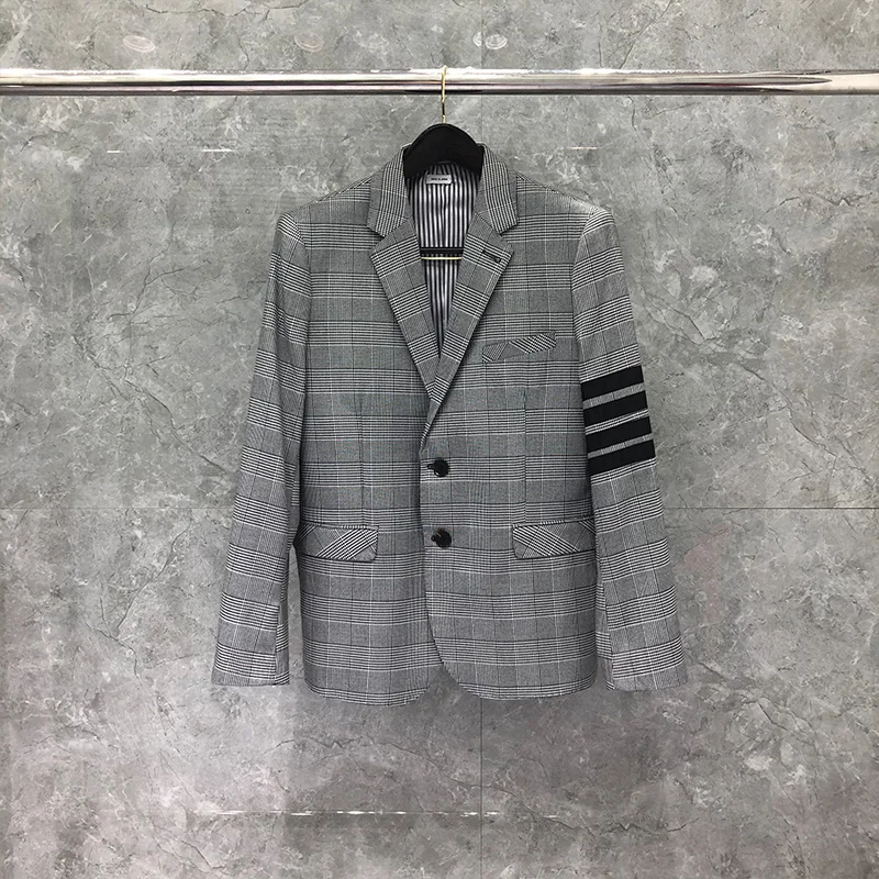 TB THOM Blazer 2022 New Men Clothing Casual Gray Lattice Suit Slim Men's Jacket Single Breasted Wool Winter Coat