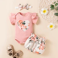 0 18 months newborn baby girls boys clothes sets ribbed heart romper tops bow floral shortsheadband outfits summer 2022