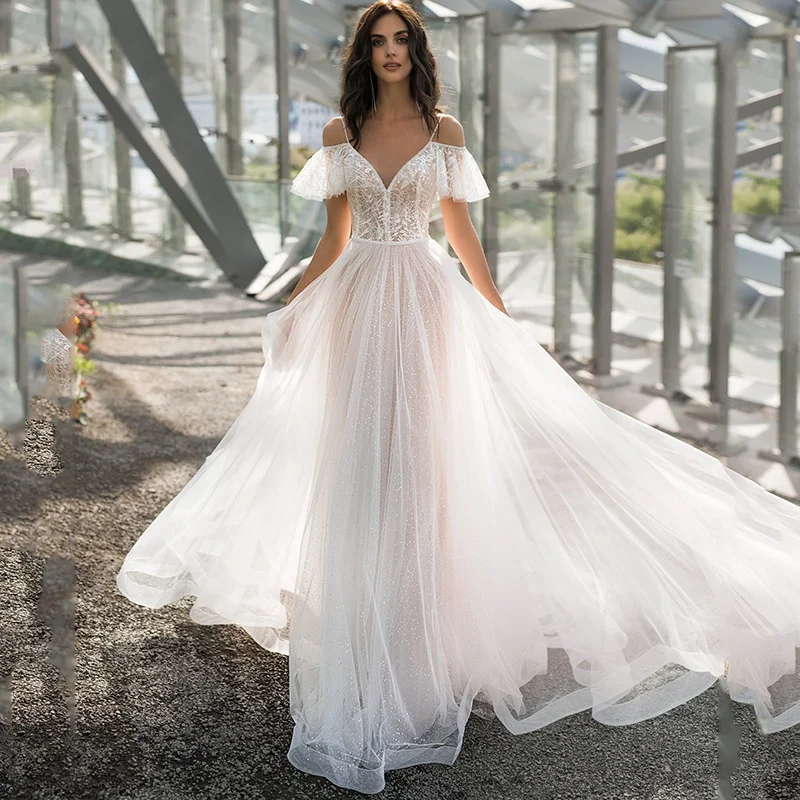 

Spring Summer Women's Slim Shoulder Lace Flower Wedding Dress White Elegant Evening Party Dresses For Women