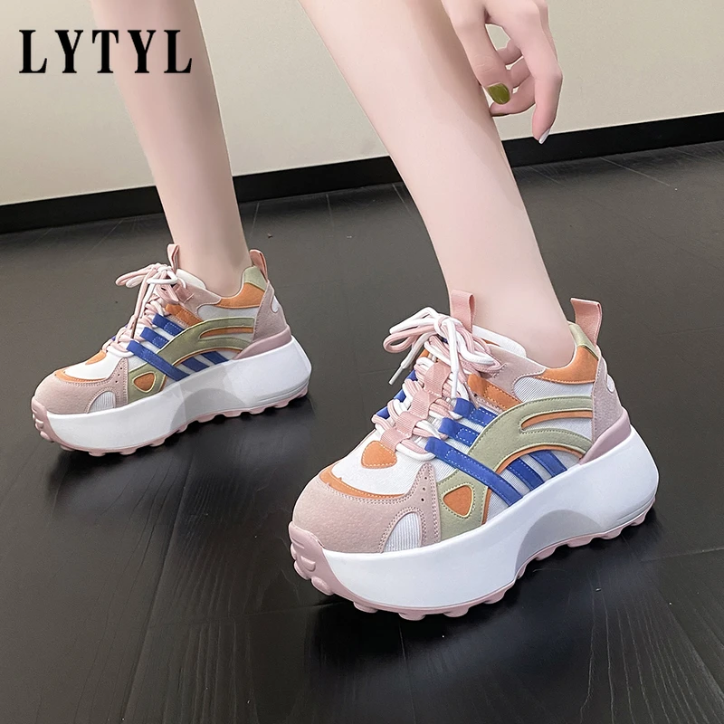 

New Women Lace-up Chunky Sneakers High Platform Wedge Sport Dad Shoes Breathable Vulcanized Shoes 6CM Autumn Leather Shoes B2-07