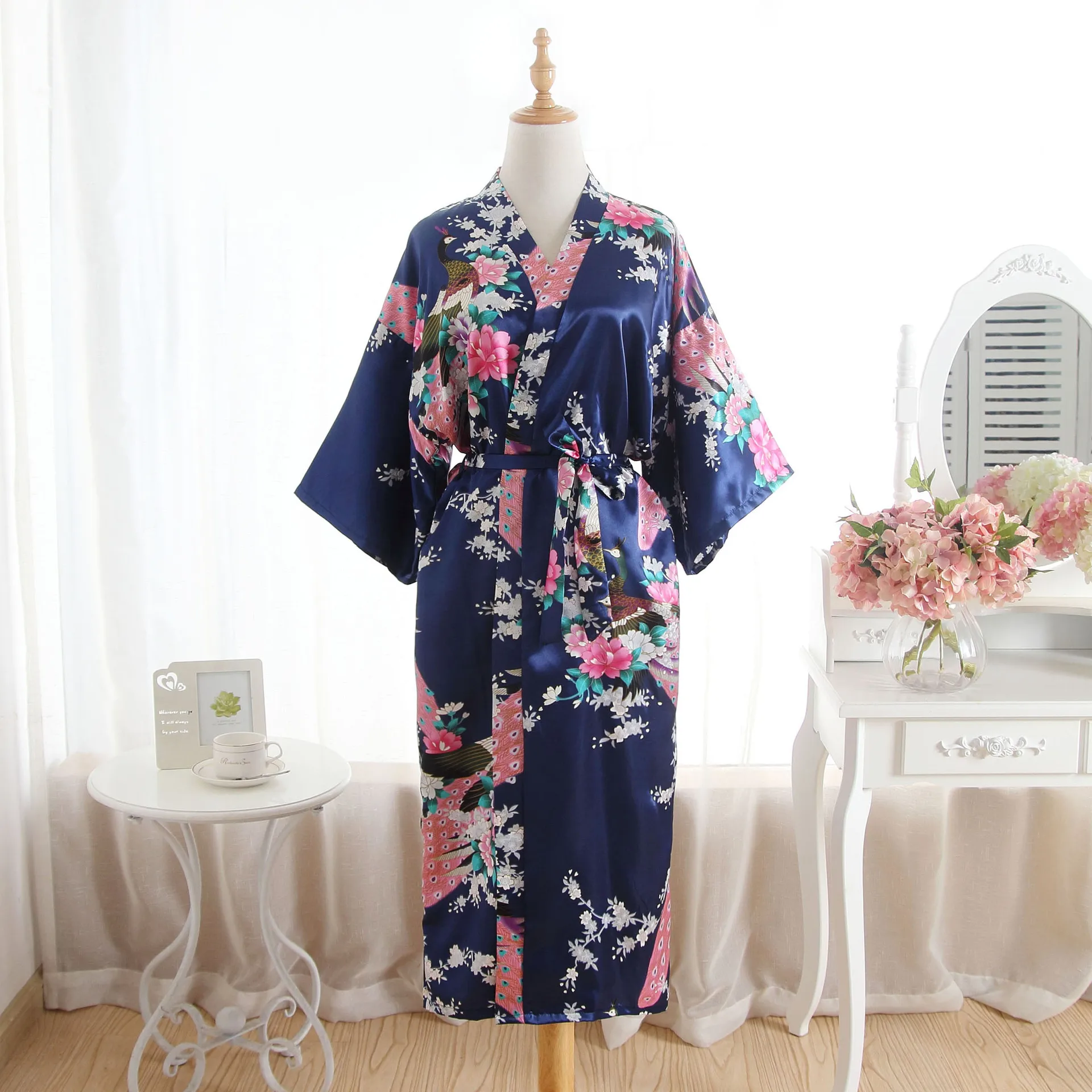 Women Mid-length Robes Sexy Half Sleeve Home Wear Japanese-style Lace Robe Summer Thin Woman Floral Print Nightgown