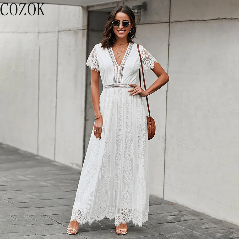 COZOK Summer 2022 New V-neck Long Dress Women Short Sleeve White Fairy Skirt Lace Short Sleeve Jumpsuit Maxi Dresses for Women