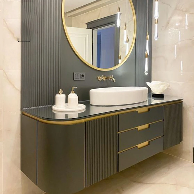 

Custom slate bathroom cabinet simple and beautiful wall hanging new Chinese light luxury style solid wood washbasin cabinet bath