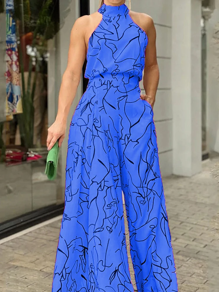 Summer European and American Women's Dress Elegant Waist Tie Up Sleeveless Hanging Neck Pants Print Jumpsuits 2023 New Bodysuit