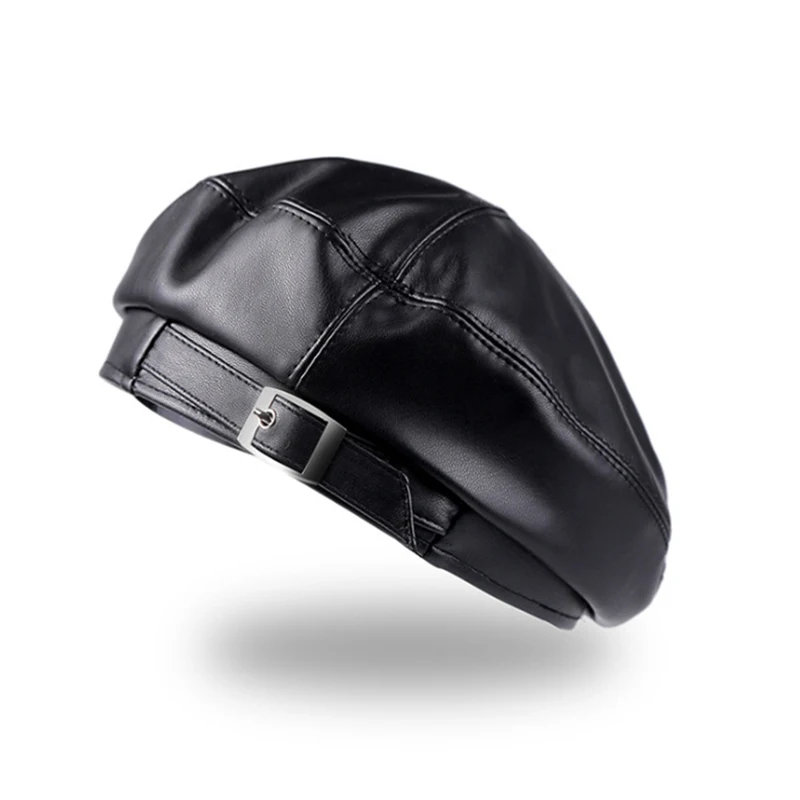 

Fashion Girl Leather Beret Beanie Hat Cap Women Plain Beret Hats Solid Color Elegant Lady Artist Caps Belt Beanies