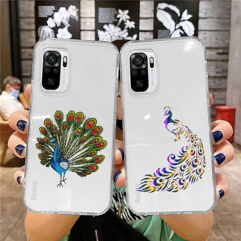 

Cartoon peacock colorful feather Phone Case Transparent for Xiaomi redmi note x f poco 10 11 9 7 8 3 i t s pro cover shell coque