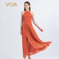 voa 60mm silk elegant halter strap brown hem slit pleated dress patchwork georgette high waist dresses for women 2022 ae1233