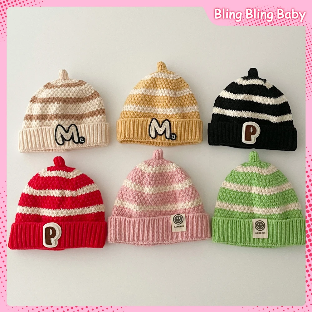 

0-1 Years Old Cute Newborn Knitted Hat Alphabet Design Autumn Winter Woolen Hat Korean Fashion Soft Warm Elastic Children Hats