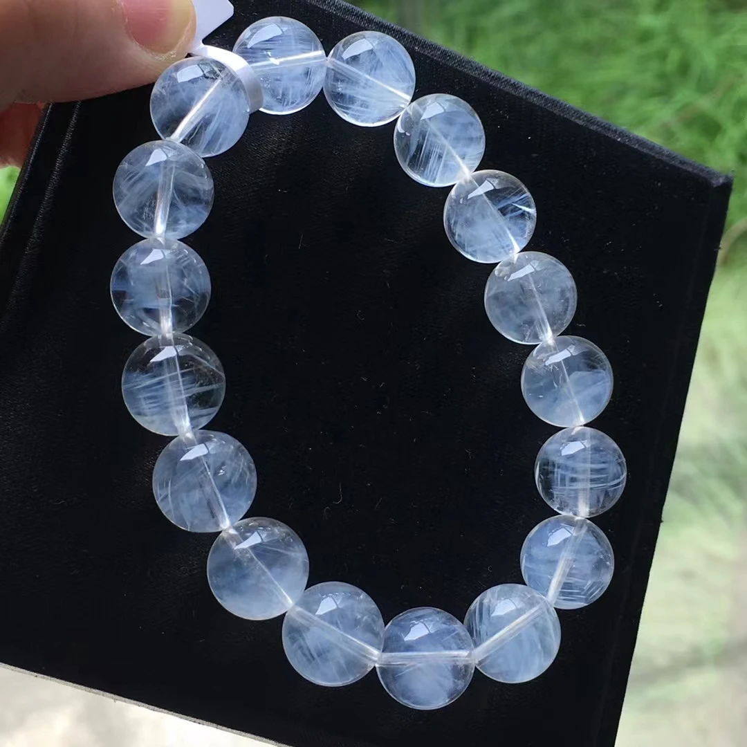 

Natural Blue Feather Needle Rutilated Quartz Clear Round Beads Bracelet 12mm Crystal Pyramid Women Men Stretch AAAAAA