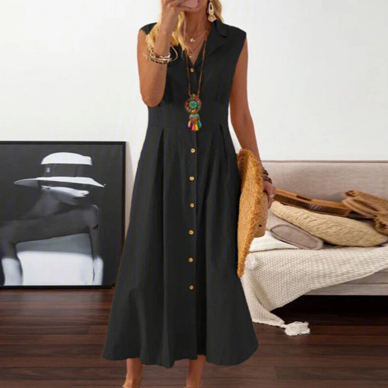 

Women Cotton Linen Long Dress Summer Sleeveless Buttons Downs Shirt Dress Simple Loose Suit Neck Temperament Office Dresses
