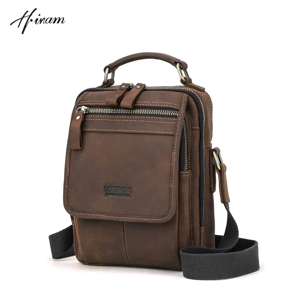 Contacts genuine crazy horse leather retro men messenger bag for ipad 7.9inch vintage zipper male handbag shoulder bags for men