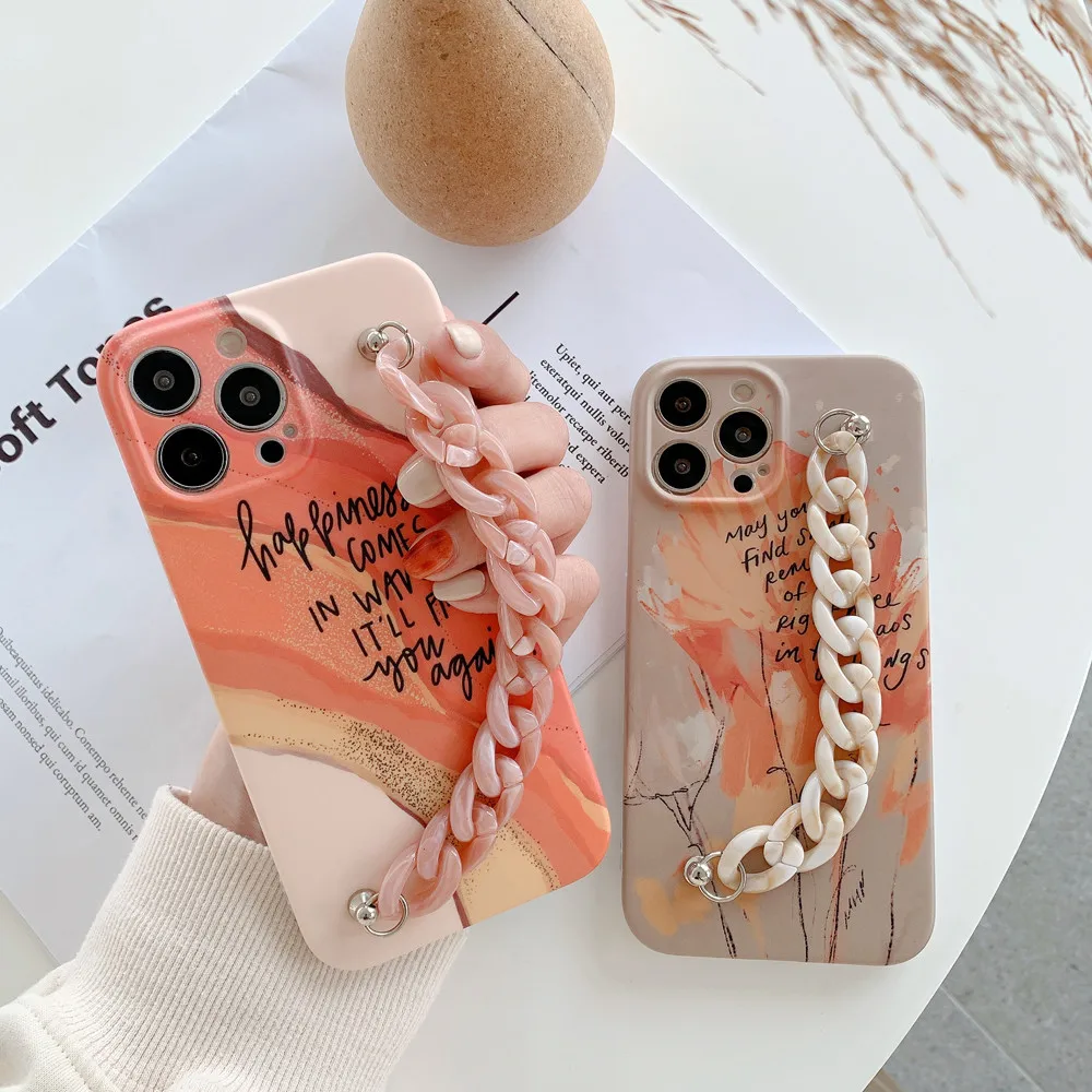 

New Color Luxury Painting Marble Bracelet Wrist Chain Case for IPhone 13 12 11 X XS Max XR 7 8 Plus SE 2020 Soft Silicon Cover