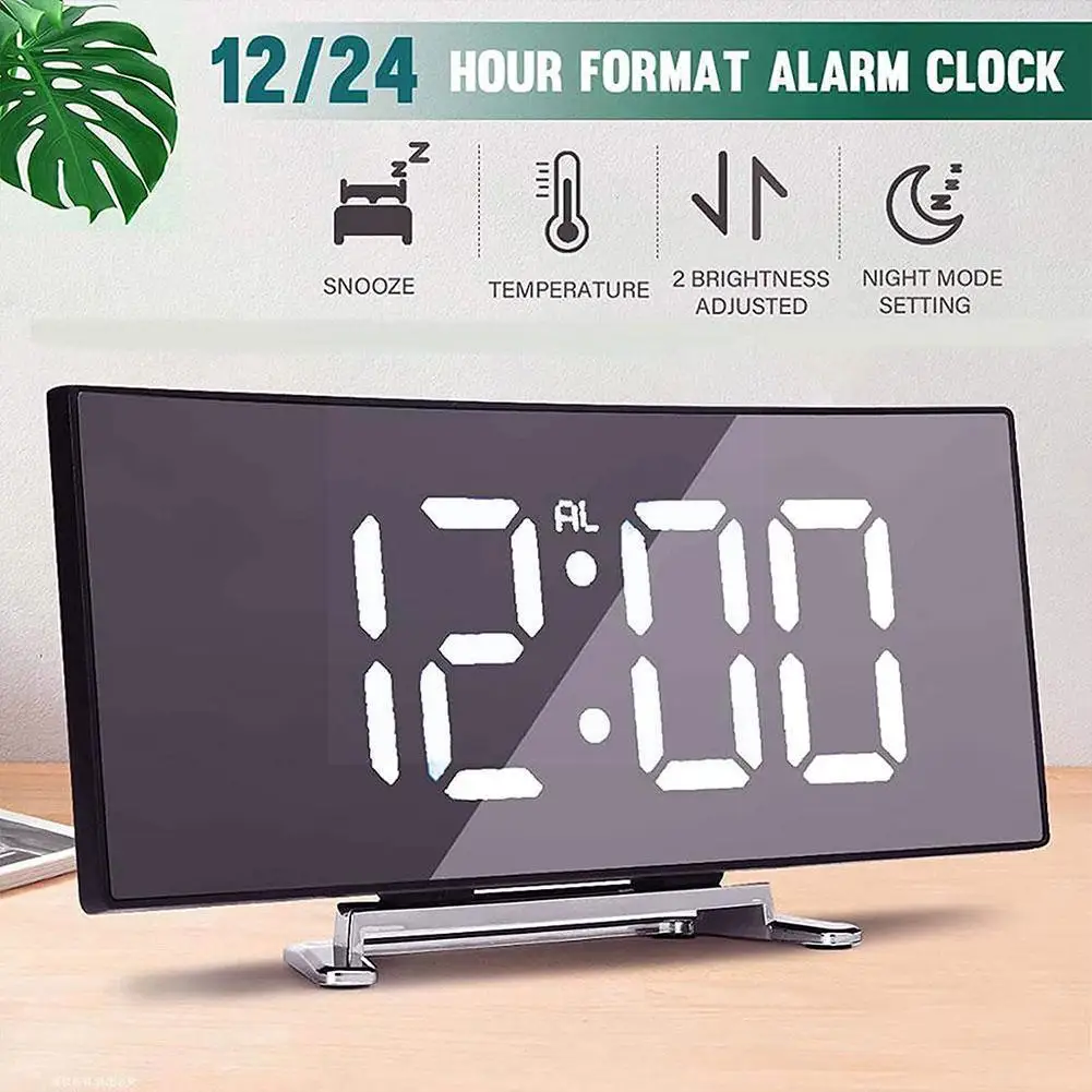 

Bedroom Curved Dimmable Mirror Clock Large Number Table Alarm Digital Clock Screen Electric Inch LED Night Clock Clock 7 H4E4