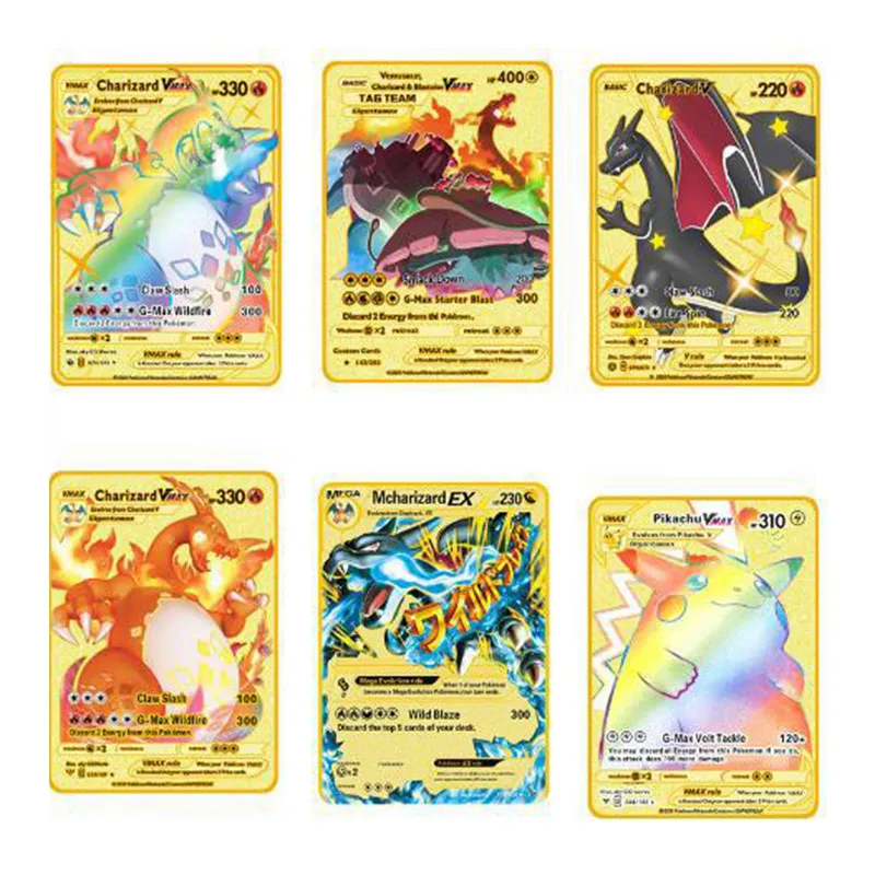 

Золотая Покемон карта Детские коллекционные игрушки железные металлические Покемон буквы детские подарки игра коллекционные карты Радуга...