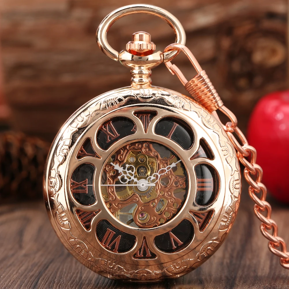 Hollow Rose Gold Flower Pattern Mechanical Hand-Wind Pocket Watch Roman Numerals Dial Elegant Manual Pocket Clock Fob Chain