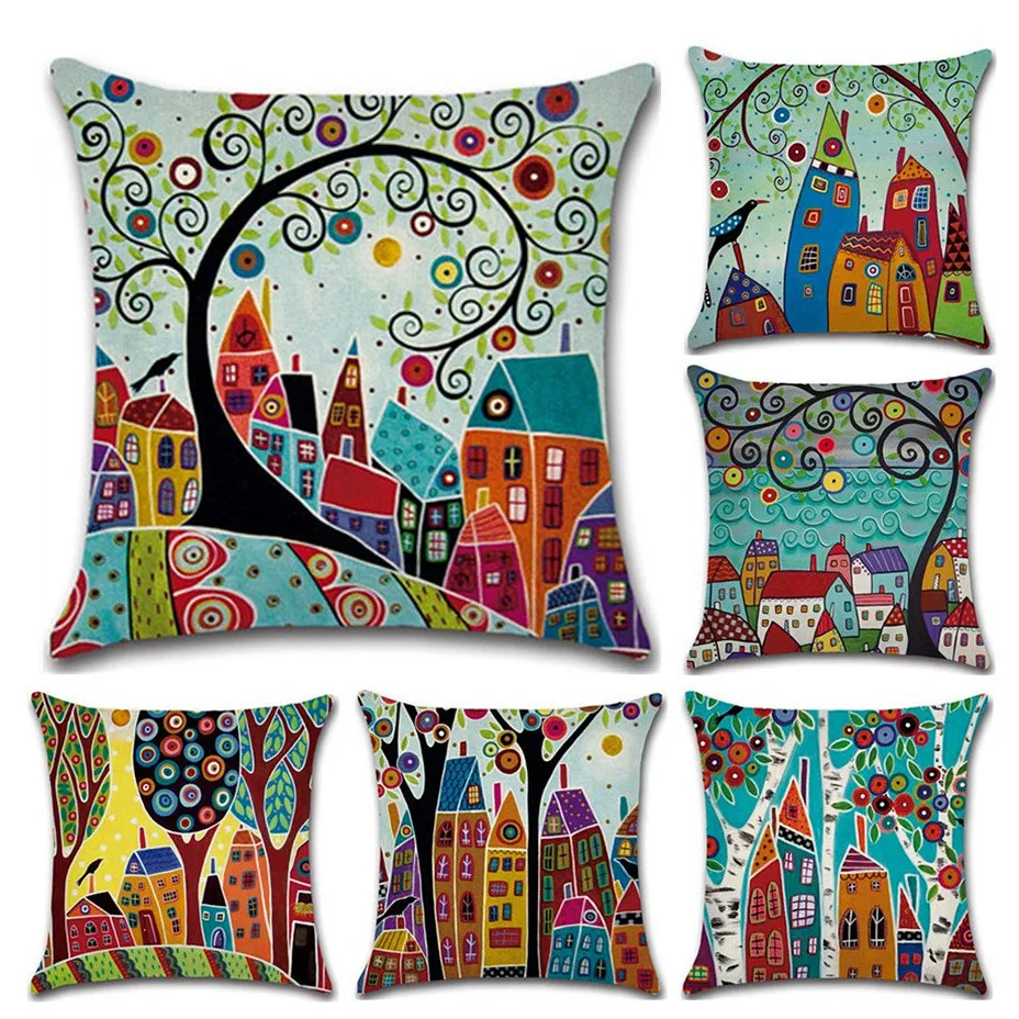 

Hand-Painted Retro Rural Color Cities Cushion Cover 45*45cm Linen Throw Pillow Cover Car Home Decoration Decorative Pillowcase