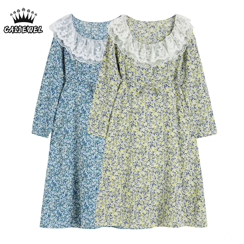 

Women's French Dress Broken Flowers Lace Laciness Round Neck Long Sleeves Vintage Baggy High Waist Long Skirt Ladies Summer