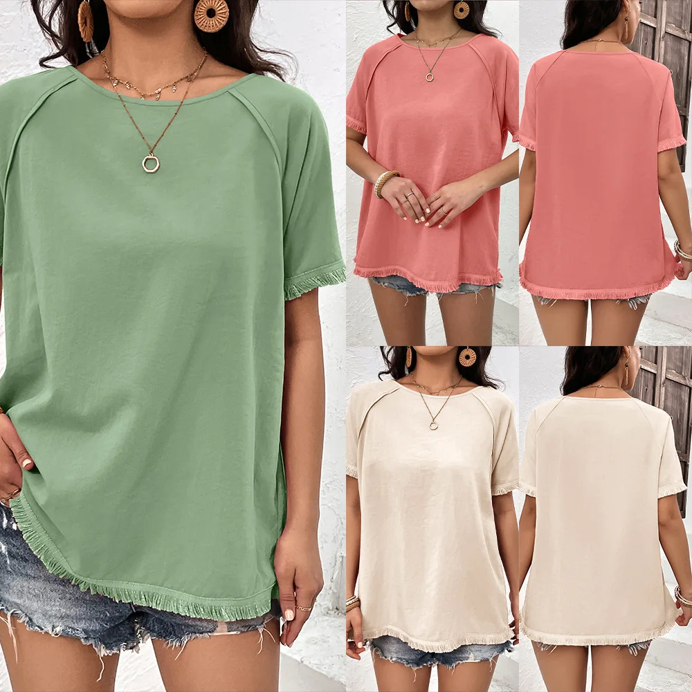 

2023 Summer New Women's Round Neck Tassel Splice Loose Casual Top