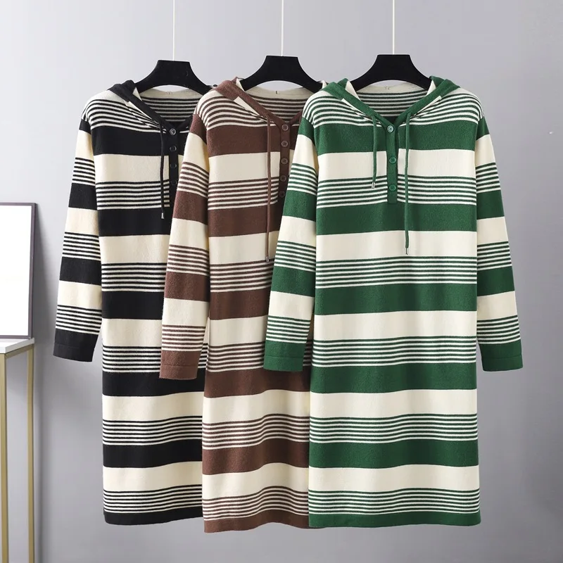 

HLBCBG Knitting Hooded Striped Long Women Sweater Dress Autumn Winter Tunic Dresses Casual Loose Woman Maxi Midi Dress Femme