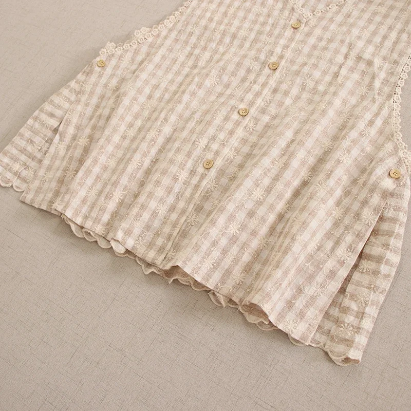 Женский хлопковый топ без рукавов милый клетчатый в японском стиле с вышивкой