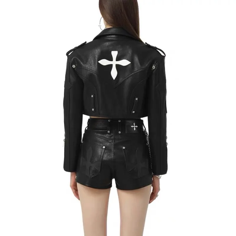 za fashion genuine leather sheepskin 2022 Spring Autumn Motorcycle Jacket Short Leather Suit Collar Jacket Slim Star same Casual