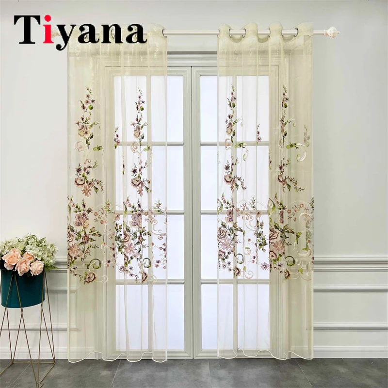 

European Court Floral Chenille Embroidered Sheer Tulle Curtains For Living Room Bedroom Bay Window Pastoral Voile Fabrics Drapes