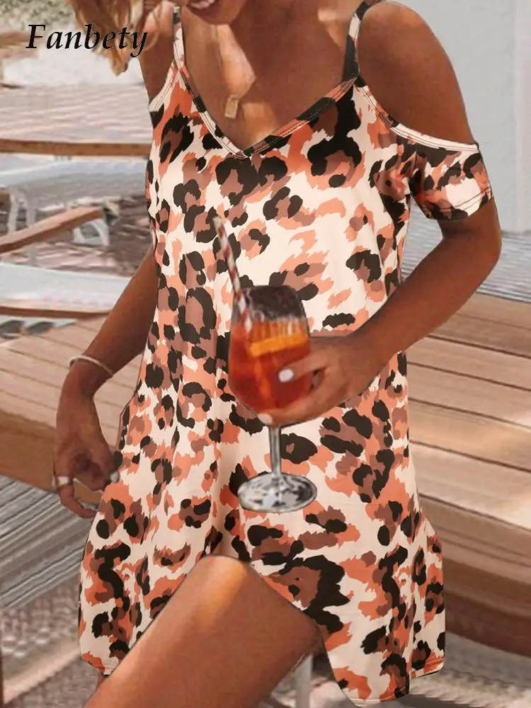 

Женское винтажное пляжное платье на бретельках, повседневное свободное мини-платье с принтом и оборками, платье с открытыми плечами для кур...