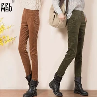 plus size 4xl vintage corduroy pants for women autumn slim elastic high waist pencil pants solid color mother casual trousers