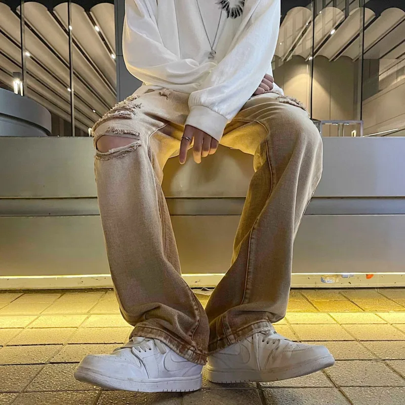 Summer Hole Baggy Jeans Men's Fashion Retro Straight Jeans Men Streetwear Loose Hip Hop Ripped Denim Trousers Men Pants M-3XL