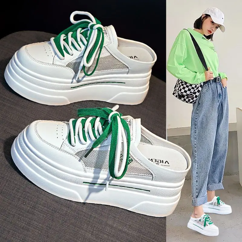 

2022New Woman Vulcanize Thick Soled Shoes Mesh Hollow Breathable Sports Student White Shoes Comfortable Casual Leather Slippers