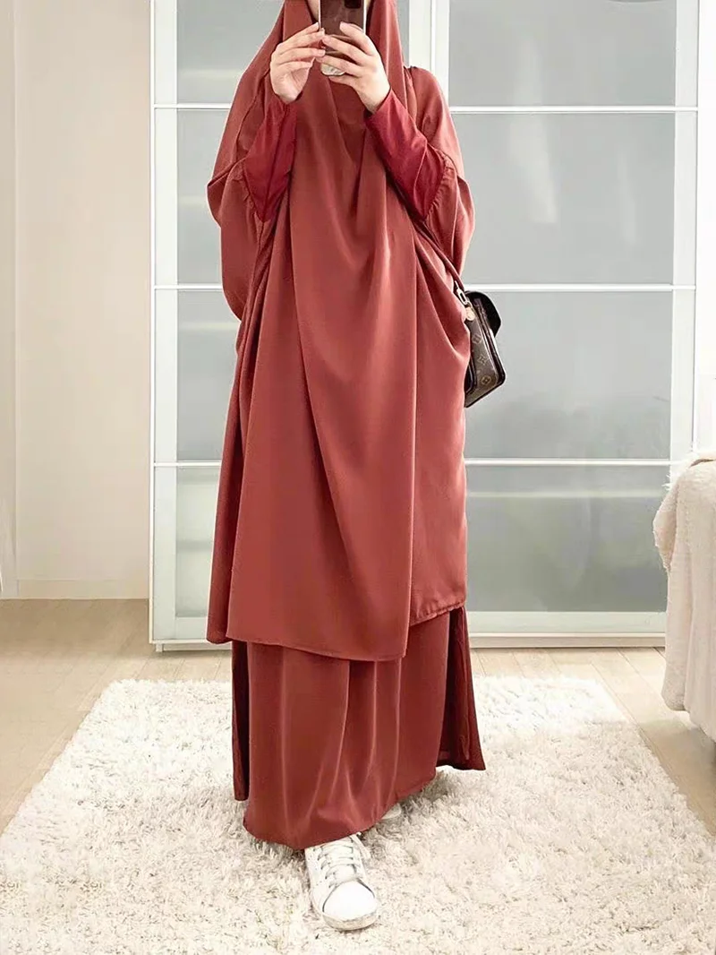 2023 Women 2 Piece Set Muslim Dress Eid Prayer Garment Jilbab Abaya Long Khimar Full Cover Ramadan Gown Abayas Islamic Cloth