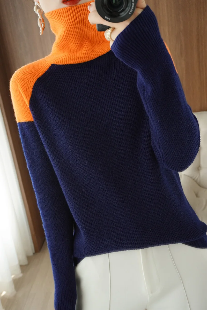 

Autumn Winter Women's Sweaters Casual Turtleneck Long Sleeve Patchwork 100% Wool Knitted Jumper Female Pullover Tops Fit Clothes
