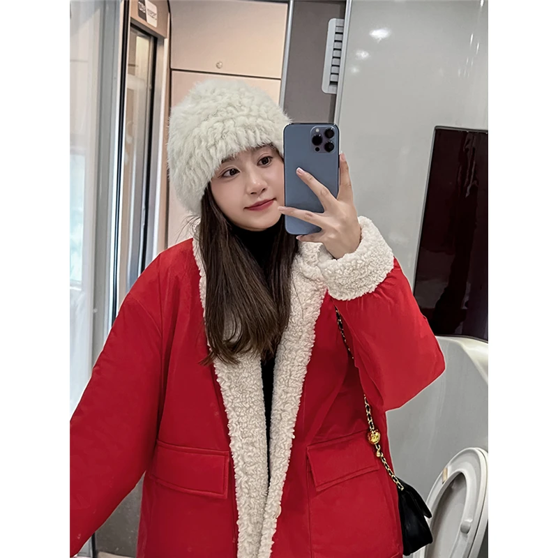 

Womens Red Lambswool Down Jacket Fashion Thickening Coat Single-breasted Vintage Female Puffer Cotton Padded Outwear Winter