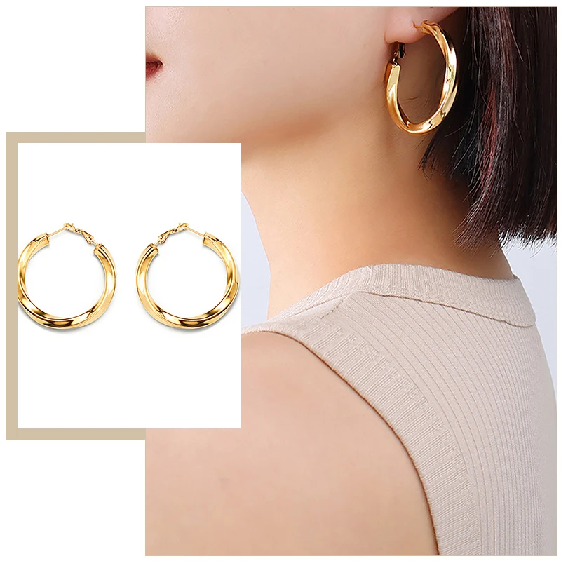 

Women Huggie, 30mm Twisted Stainless Steel Hoop Earrings, Chic Dainty Circle Ear Jewelry fit Round Face