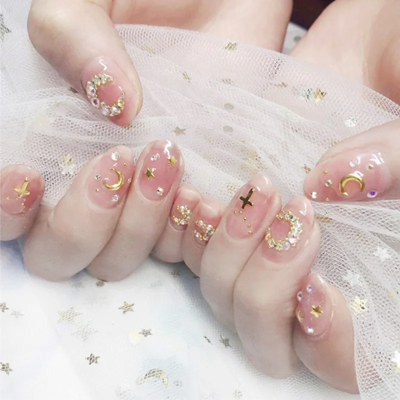 

24pcs Bright Shiny Asterism Decorate Mid-length Nails Bride Women Wearable Full Cover Finger Fake Nail With Glue Nails Accesorio