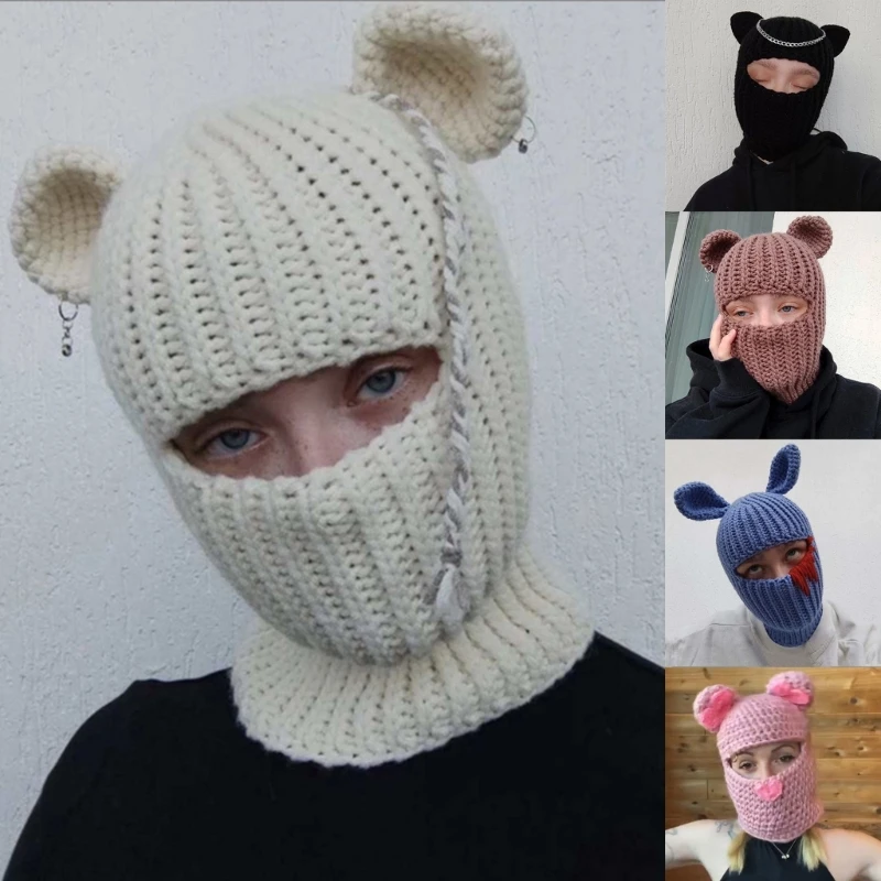 

Adults Teenagers Cartoon Bunny Ear Knitted Hat Fluffy Winter Eye Exposed Ski Hat