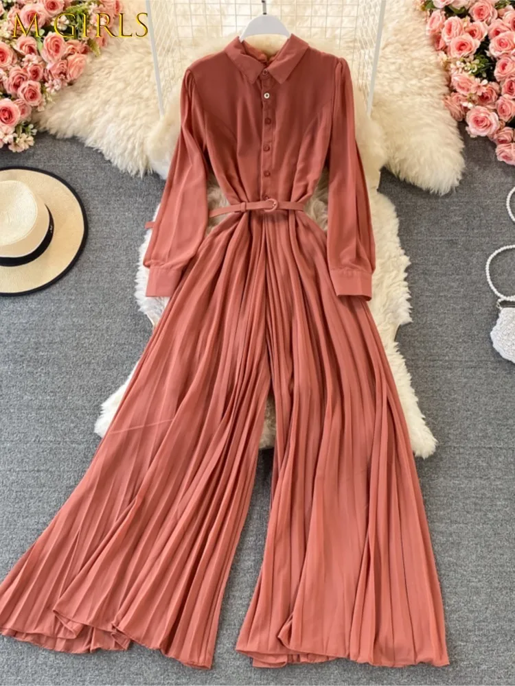 

M GIRLS New Spring Autumn Women Chiffon Office Lady Shirt Jumpsuits Overalls Elegant Long Sleeved Holiday Party Fashion Clothes