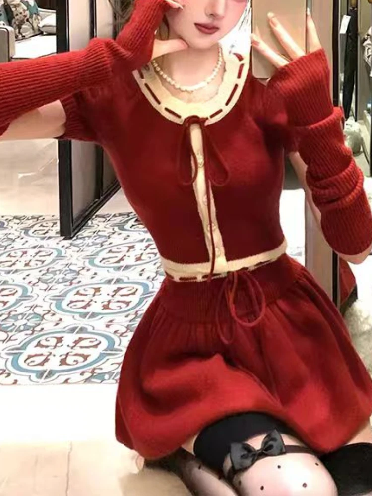 Красный рождественский корейский комплект из 2 предметов женский японский милый