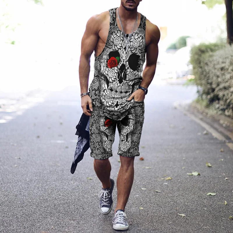 

2022 Fashion Men's Tank Top T-Shirt + Shorts Casual 3D Brand Funny Skull Print Outdoor Fitness Mans Vest 2 Piece Suit S-6xl
