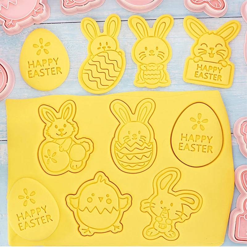 

8 Pcs/Set Cookies Cutter Easter Bunny Biscuit Mould Cookie Stamp Embosser 3D Biscuits Mold Plastic Baking Mould Decorating Tools