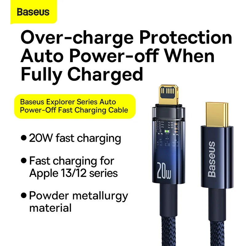Baseus Auto Smart Power-Off PD 20W USB C Charger Cable For iPhone 13 12 11 XR Fast Charging Automatic Power Down Wire Cord Cable