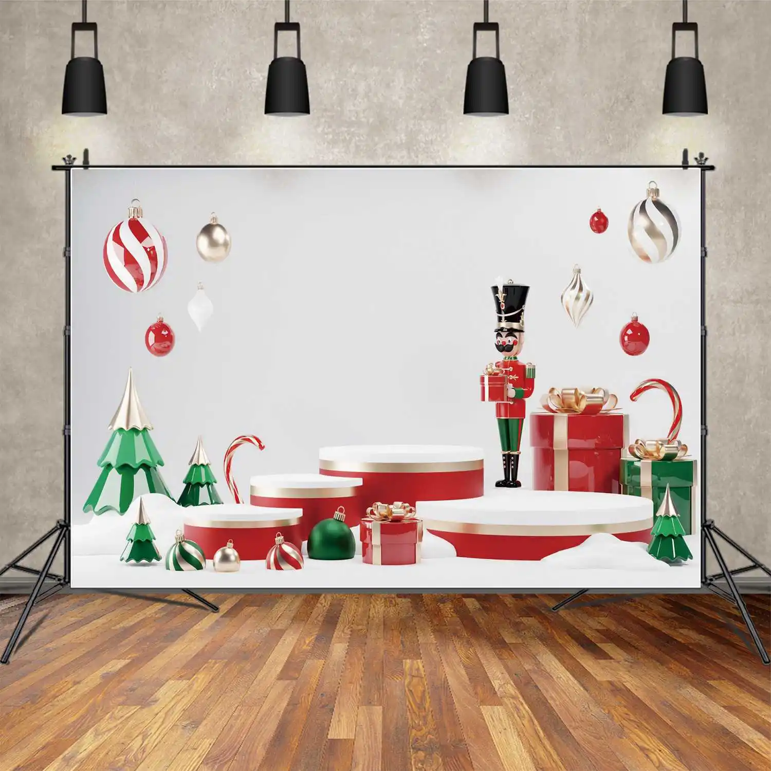 

MOON.QG Backdrop Christmas Party Clown Gift Stage Wall Photography Background Children Green Tree Crutch Ball Photo Booth Props