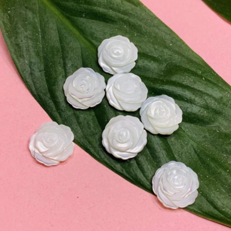 

2pcs 12mm Natural White Flower Ring Face Cabochon Flat Back Carved Rose DIY Brooch Necklace Mother of Pearl Jewelry Accessory