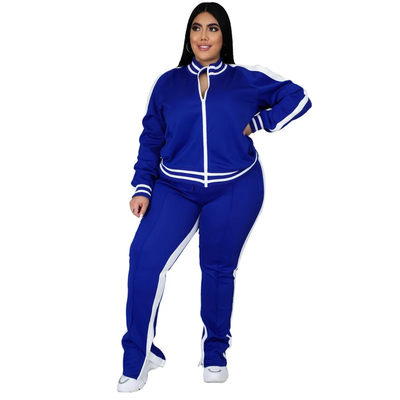 

Plus Size Women L-5xl Two Piece Set Sweatsuit Zip Striped Top Slit Sweatpants Jogger Outfit Matching Set Wholesale Dropshipping